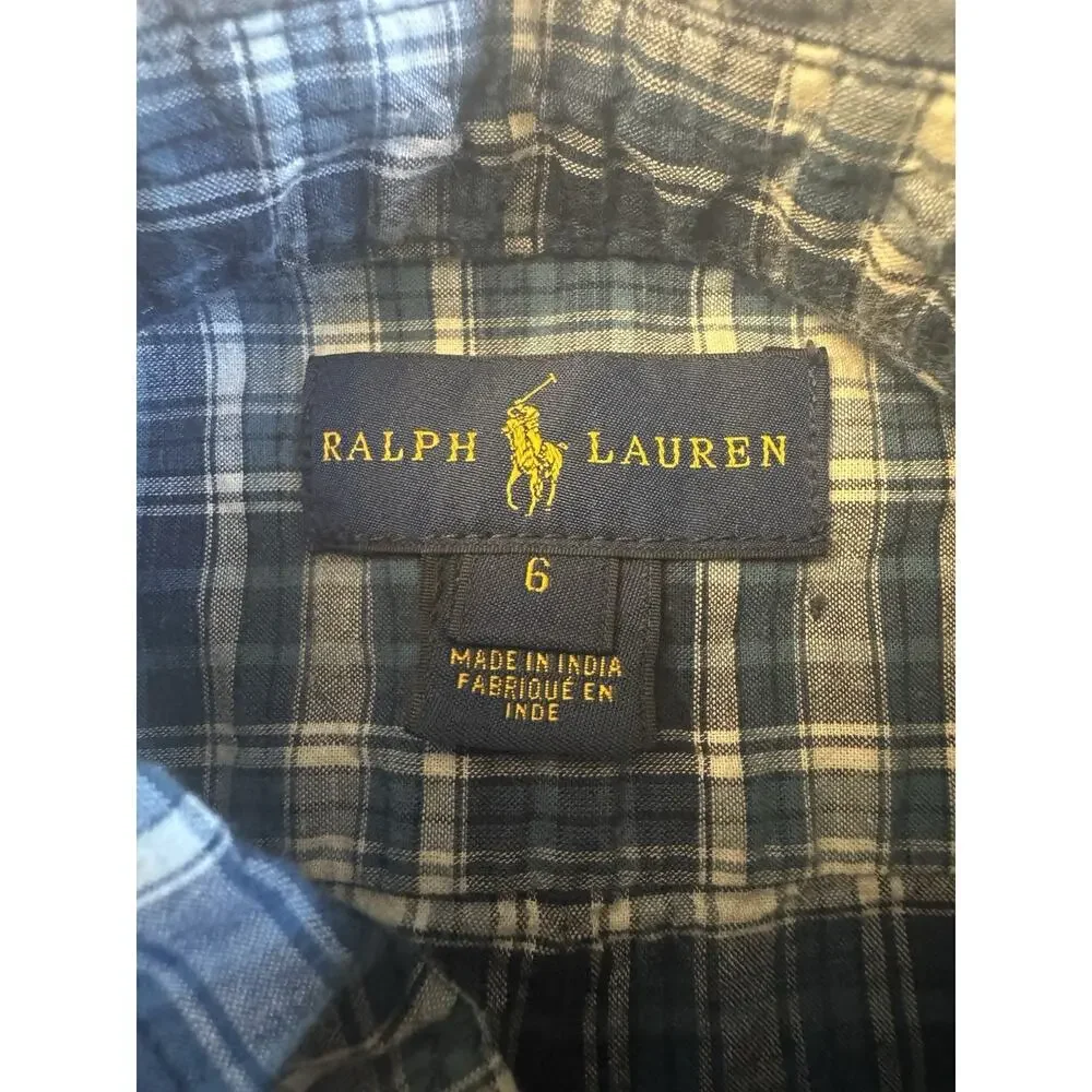 Ralph Lauren Boys Plaid Button Up Shirt Size 6 Blue Short Sleeve